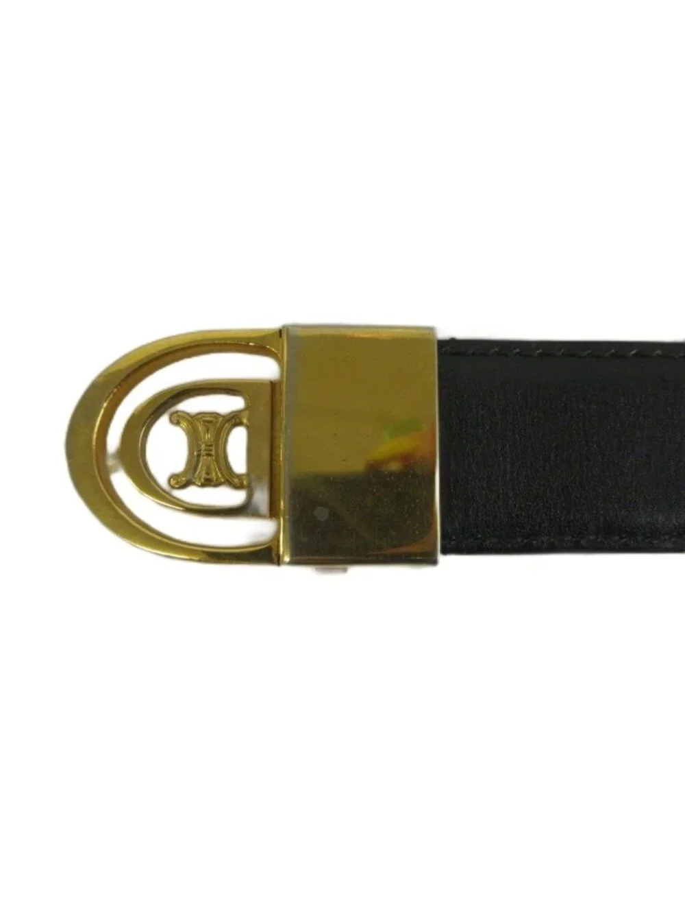 Celine Vintage Belt Leather Buckle Triomphe Gold Black